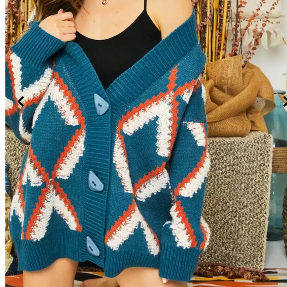 NWT Adora Teal & Orange Geometric Abstract Shaped Button Cardigan One Size - Picture 14 of 16